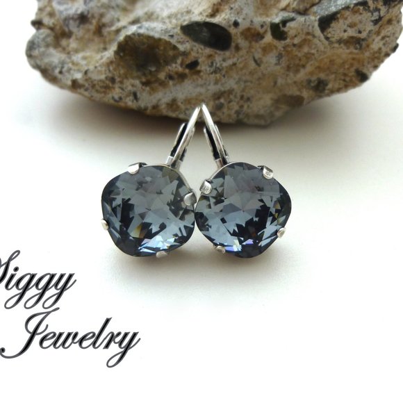 Silver Night Crystal Solitaire Earrings made with Genuine Austrian Crystals - Picture 4 of 6